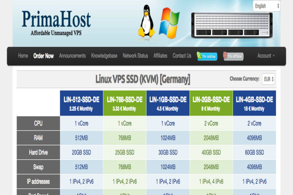 #欧洲# PrimaHost - $2.50/mo KVM 1核 512M 20G 1T 1G 法国 德国