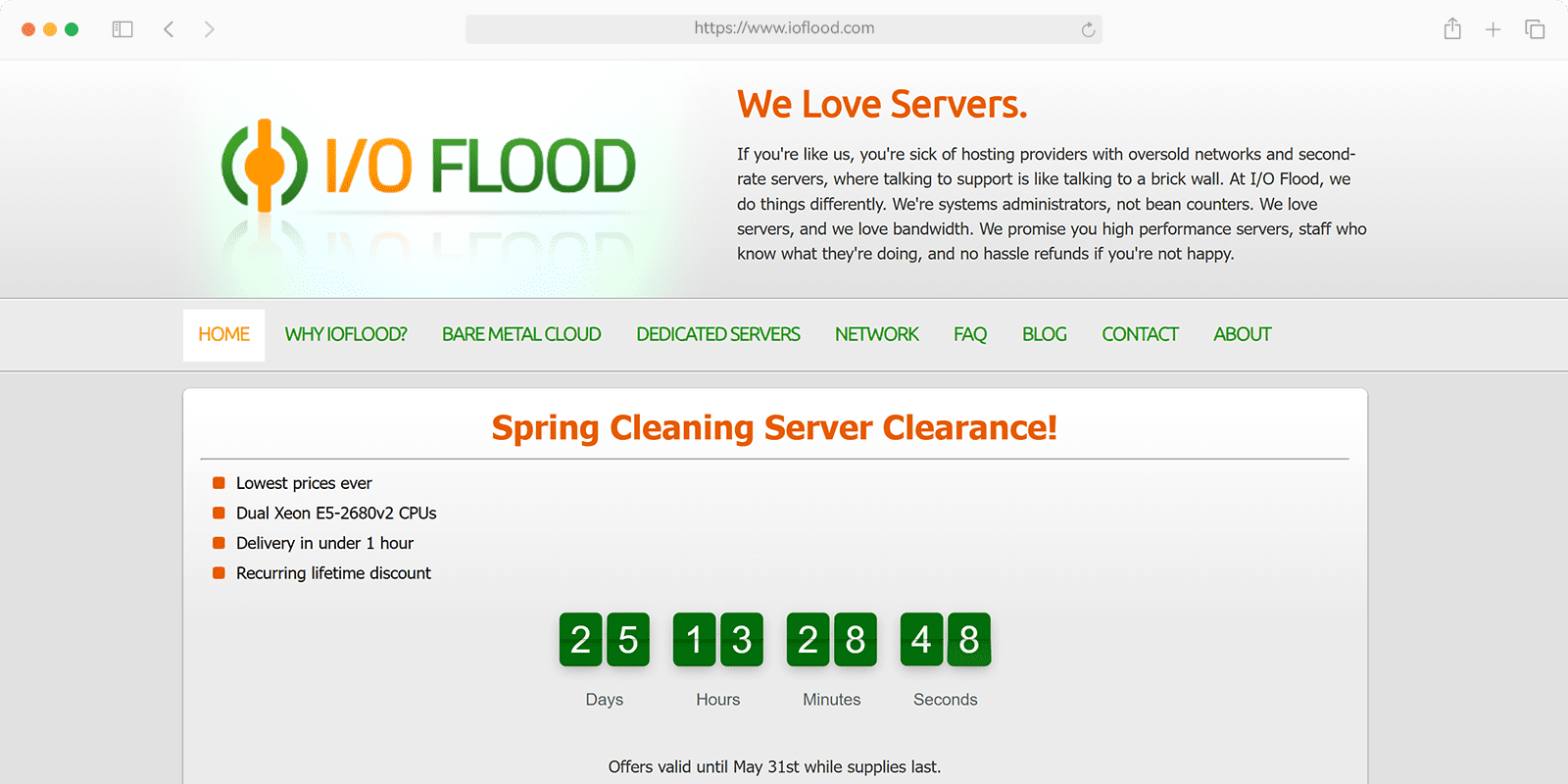 #清仓# ioflood - 凤凰城独服 $54/mo 2xe5-2680v2 64G 1.6T 100T 1Gbps